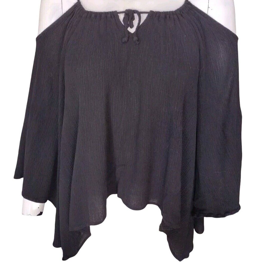 ANEC Blouse Woman S Black Gauze Boho Asymmetrical off the‎ Shoulder 3/4 Sleeves